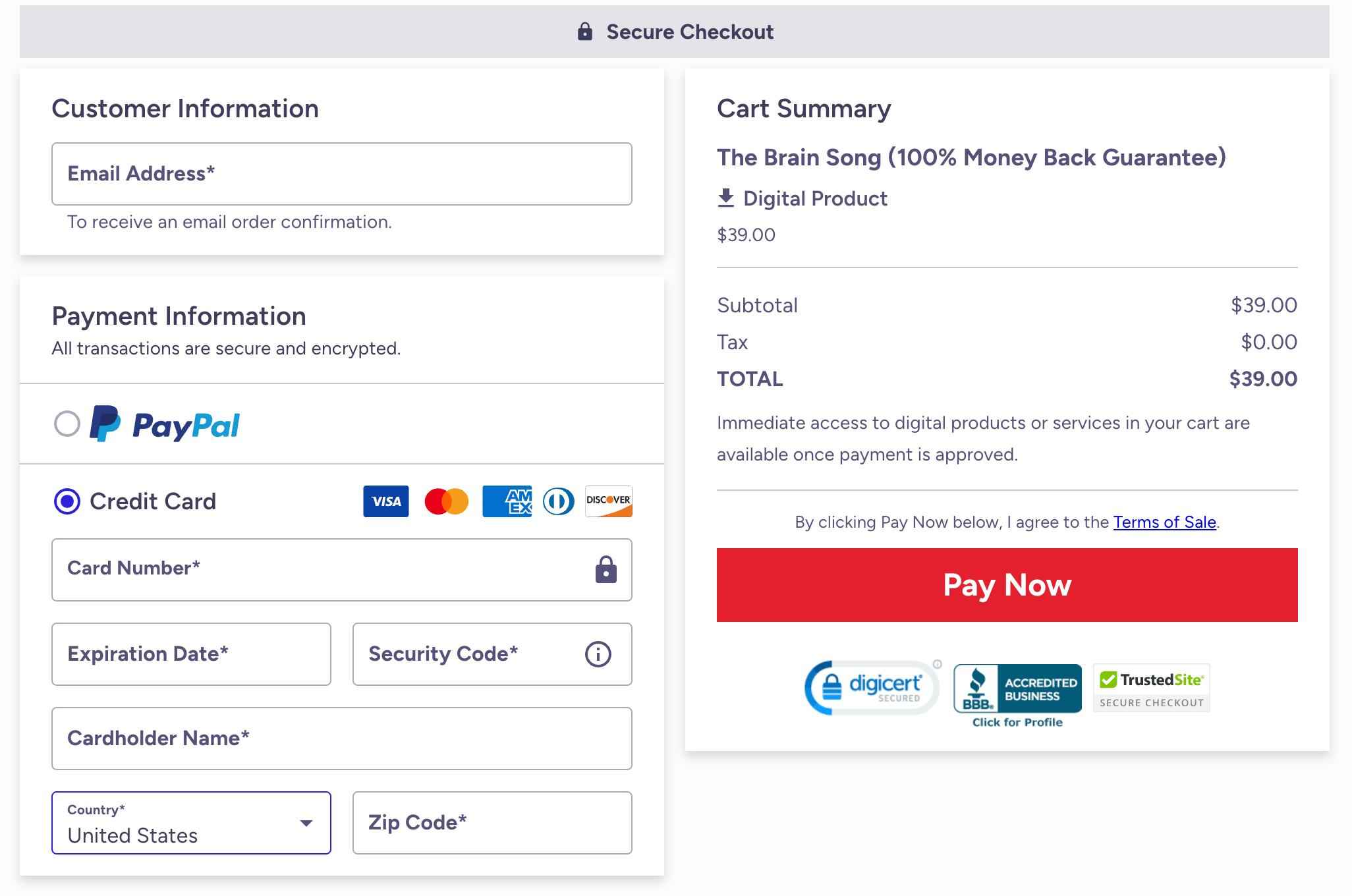 The Brain Song Secure Checkout Page